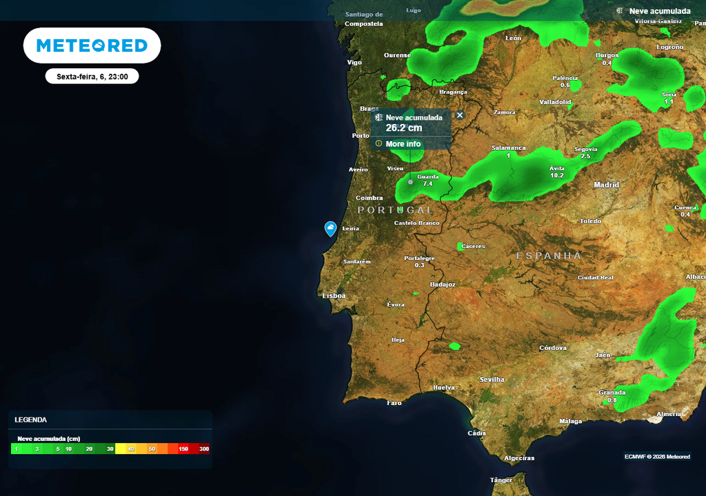 Previsão da distribuição da neve acumulada até ao final de sexta-feira, 6 de março. Nos pontos mais elevados da Serra da Estrela poderão ser atingidos ou superados 25 cm.