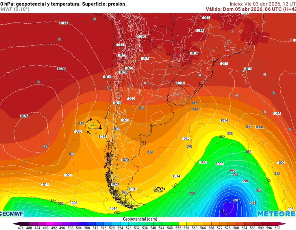 ECMWF muestra una baja segregada. ECMWF muestra una baja segregada frente al centro-sur de Chile, con aire frío en altura que favorecerá inestabilidad, chubascos y probables tormentas eléctricas durante el domingo 5 de abril.