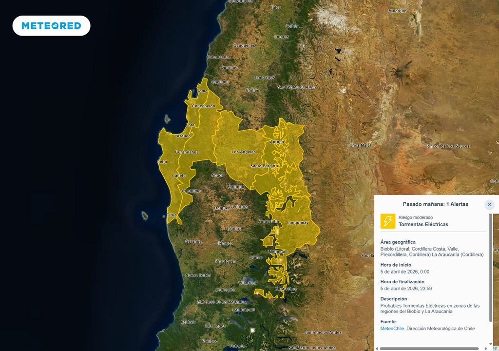 Aviso de la DMC destaca riesgo de tormentas eléctricas Aviso de la DMC destaca riesgo de tormentas eléctricas este domingo 5 de abril en Biobío y sectores cordilleranos de La Araucanía, con impacto desde el litoral hasta la cordillera.