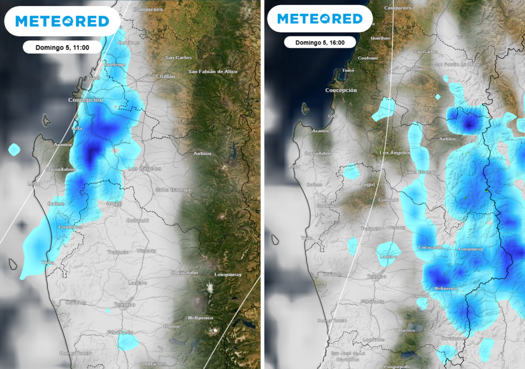 Mañana y tarde del domingo 5: Chubascos se intensifican con el paso de la baja segregada, comenzando en el Biobío, extendiéndose hacia el Ñuble por el norte y hacia La Araucanía por el sur.