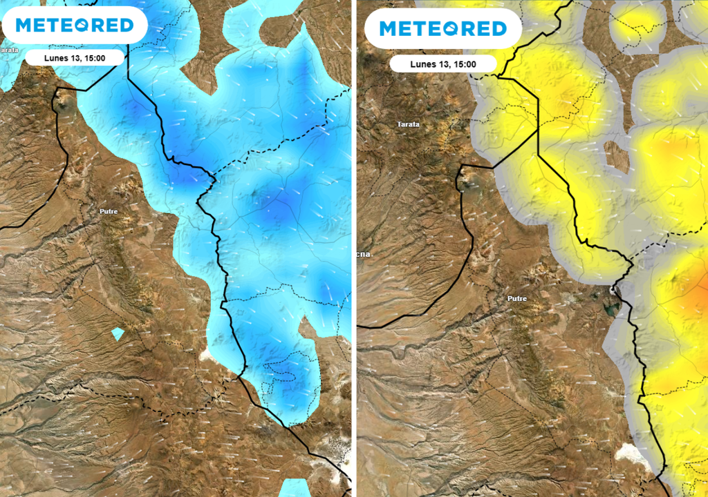 Mapas de precipitación y rayos. Tormentas en desarrollo sobre la cordillera del norte: el modelo muestra precipitaciones acotadas (tonos azules) junto a focos de actividad eléctrica (amarillos) durante la tarde del lunes 13. Eventos breves, pero con descargas que podrían sorprender en zonas altas. ⚡