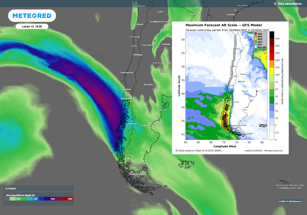 Rio atmosférico. Río atmosférico impactará el sur de Chile, transportando gran cantidad de humedad hacia la Patagonia. El modelo proyecta precipitaciones intensas y persistentes, con acumulados significativos y riesgo de crecidas en sectores del sur austral.