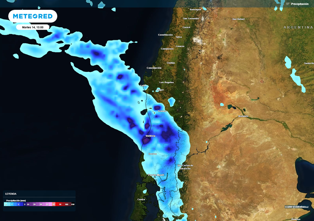 Mapa de precipitación. Las lluvias se concentrarán desde el Biobío al sur eneste comienzo de semana. Hacia el norte, las precipitaciones serán más débiles y dispersas, mientras que en la zona austral continuarán acumulando agua incluso el resto de la semana.
