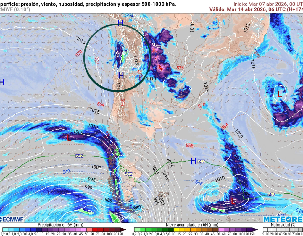 El modelo ECMWF destaca la baja segregada frente al norte de Chile. El modelo ECMWF destaca la baja segregada frente al norte de Chile (círculo), favoreciendo nubosidad, chubascos y tormentas entre Antofagasta y Atacama, mientras sistemas frontales activos continúan afectando el extremo sur del país.