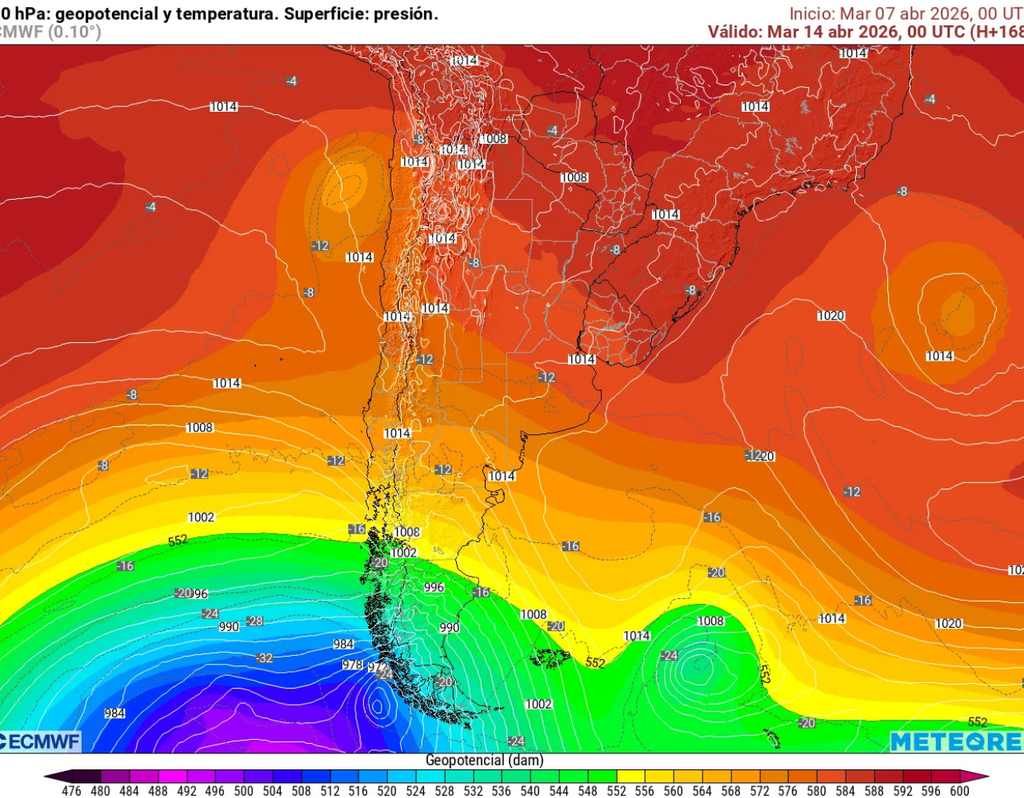 El modelo ECMWF muestra una baja segregada al norte de Chile, favoreciendo inestabilidad, nubosidad y precipitaciones entre Antofagasta y Atacama, mientras el aire frío en altura impulsaría el desarrollo de chubascos y posibles tormentas eléctricas.
