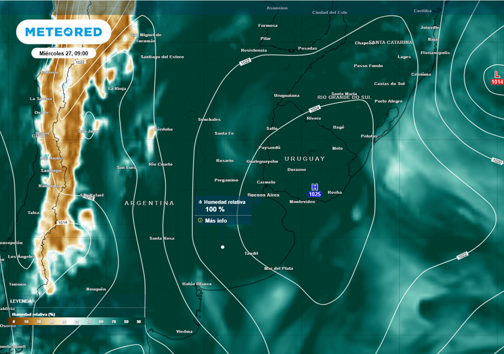 AUMENTO DE LA HUMEDAD Atmósfera saturada en gran parte del centro-este y noreste del país. Créditos: simulación de humedad relativa para la mañana del miércoles 27 de mayo, por ECMWF