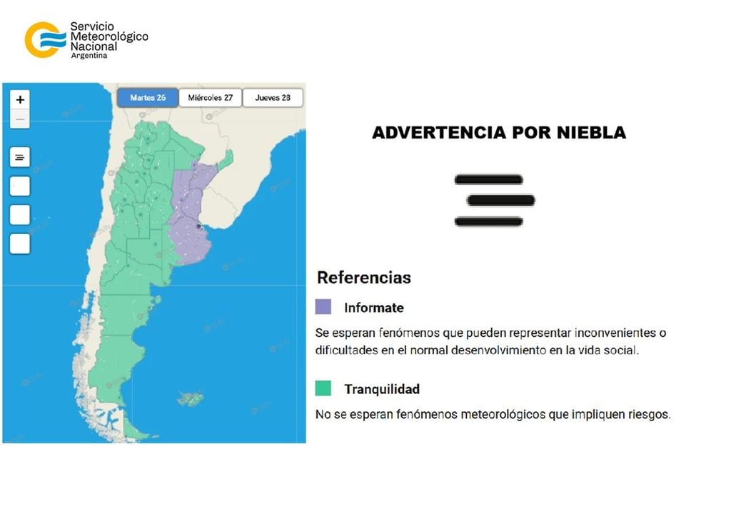 advertencia por niebla Advertencia por formación de neblinas y densos bancos de niebla en cinco provincias para el martes 26 y miércoles 27 de mayo. Créditos SMN