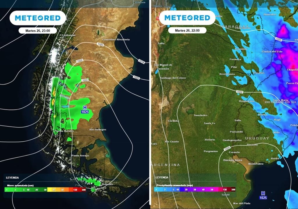nevadas y lluvias solo en el extremo noreste y extremo sudoeste. Las únicas dos regiones que presentarán inestabilidad este martes 26. A la izquierda: zona con nevadas (y bajo alerta) en el extremo sudoeste de Santa Cruz; y a la derecha: lluvias acumuladas en el extremo norte del NEA. Créditos: ECMWF.