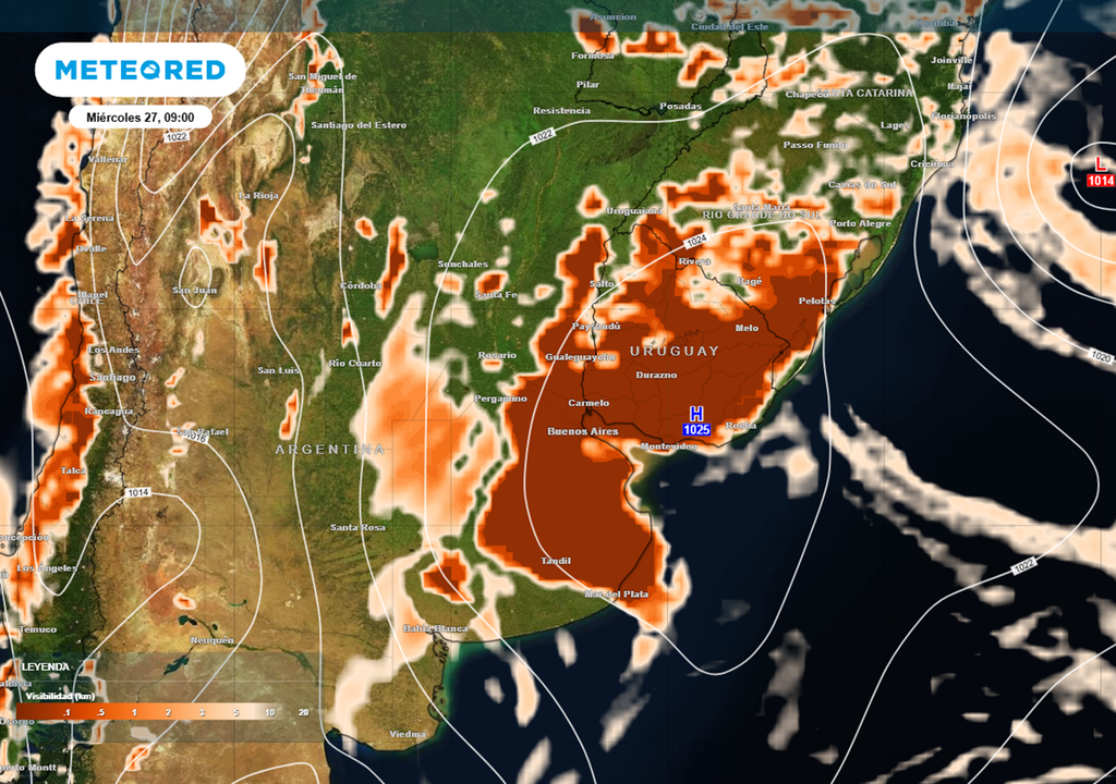 visibilidad reducida por niebla Visibilidad muy reducida por nieblas en el centro-este y noreste del país, en la mañana del miércoles 27 de mayo. Créditos: ECMWF