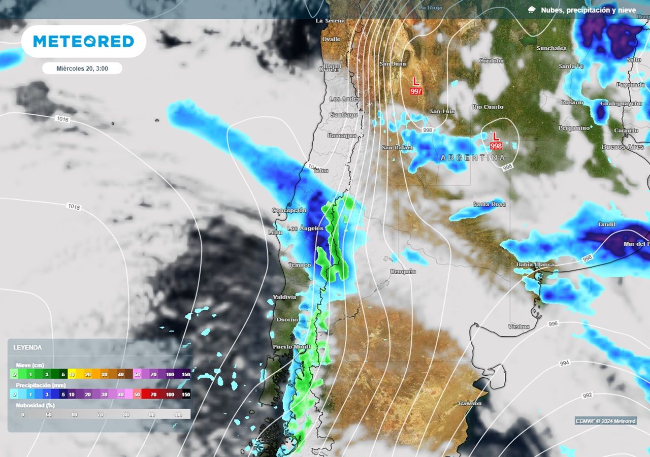 Este sistema frontal, previsto por nuestro modelo de referencia, avanzaría con sus lluvias (colores azules) por varias regiones de la zona central de Chile.