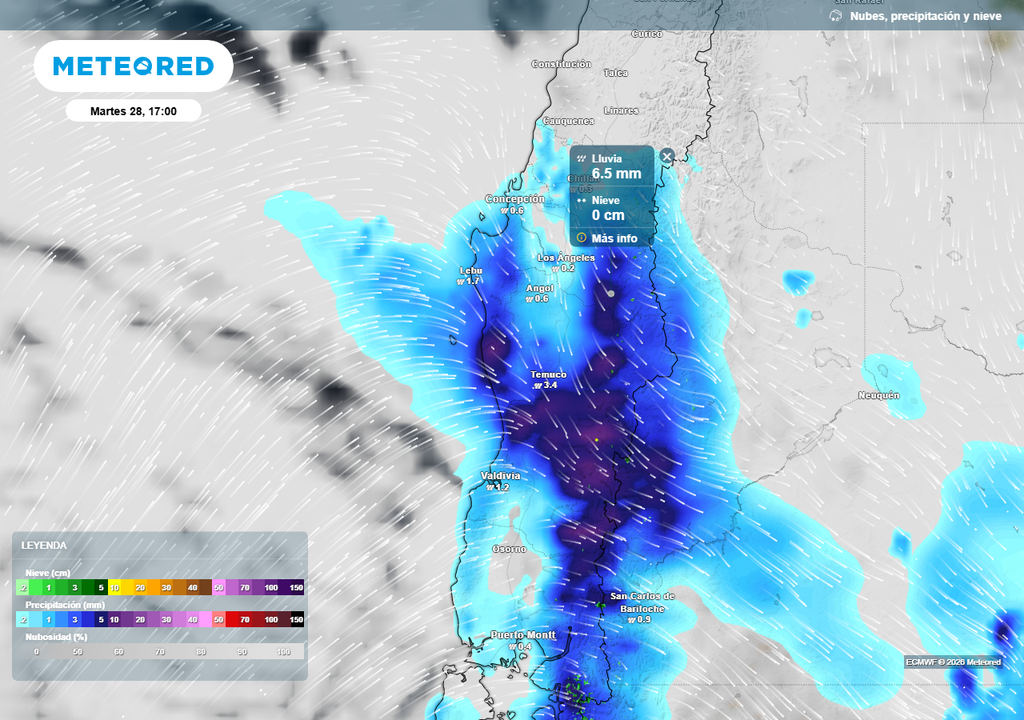 Precipitación (mm) para la tarde de hor martes 28 de abril 2026 en Chile centro-sur.