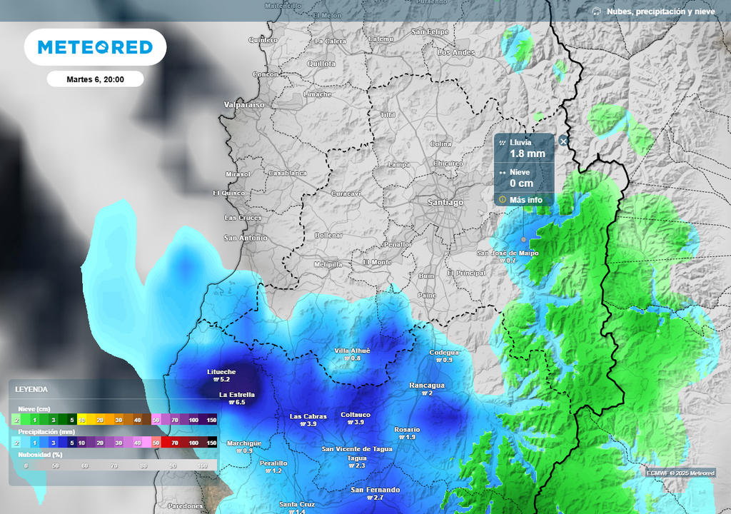 Nieve, precipitación y nubosidad, Santiago de Chile, Meteored