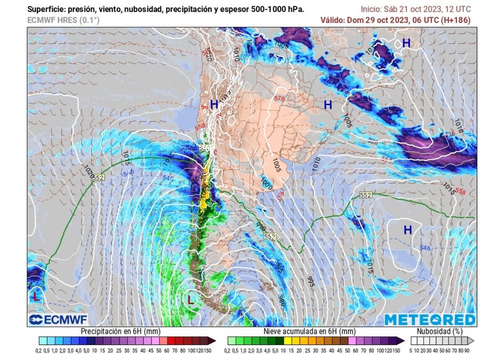 Modelo ECMWF que muestra un sistema frontal previsto, con precipitaciones desde la zona Central a la Patagonia