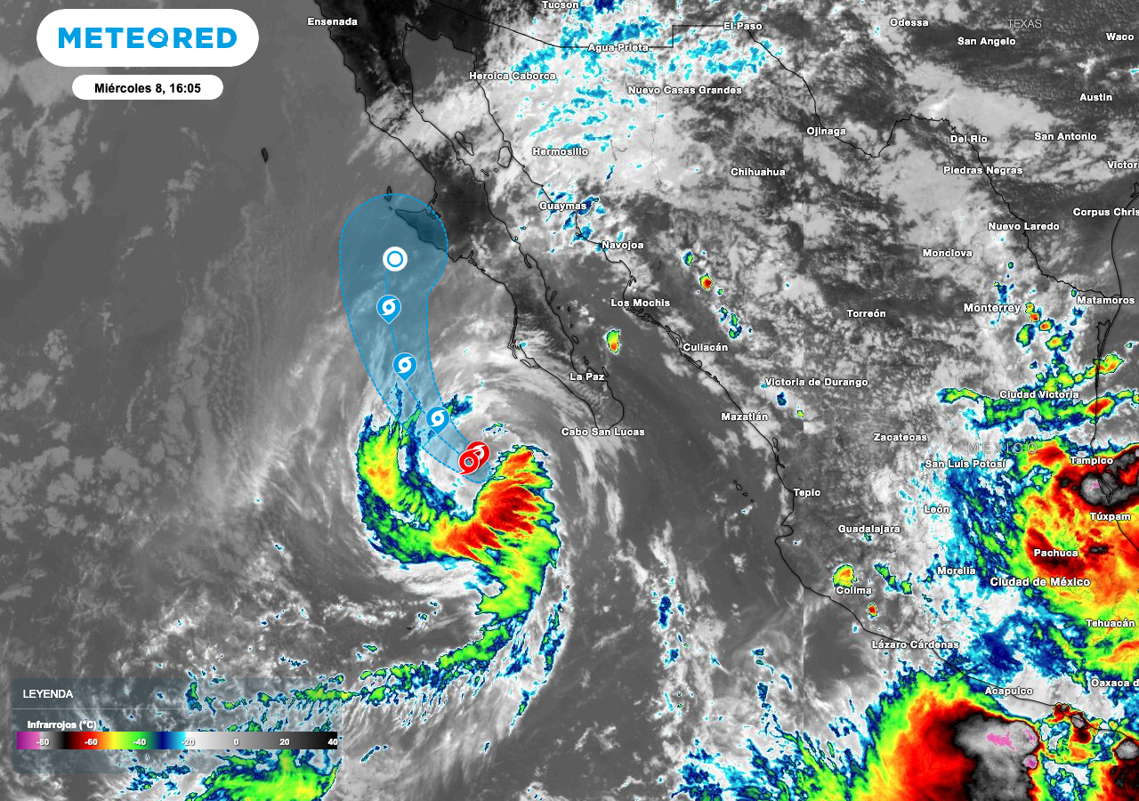 La imagen satelital de canal Infrarrojo, muestra la nubosidad convectiva que se desprende de la tormenta tropical Priscilla que llega al Noroeste de México.