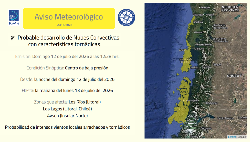 aviso meteorológico por nubes tornádicas Una gran extensión del sur de Chile estará bajo atención ante la posibilidad de desarrollo de nubes convectivas con características tornádicas. Fuente: DMC.