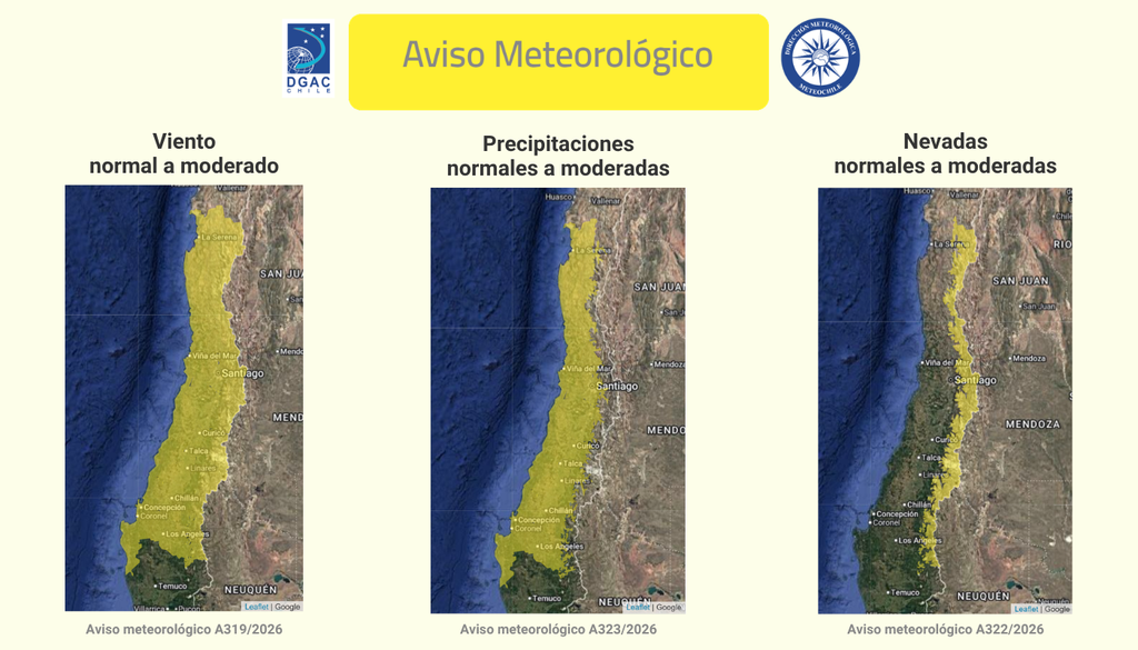 Aviso meteorológico La zona central recibirá viento y precipitaciones abundantes con el paso del sistema frontal con río atmosférico. Fuente: DMC.
