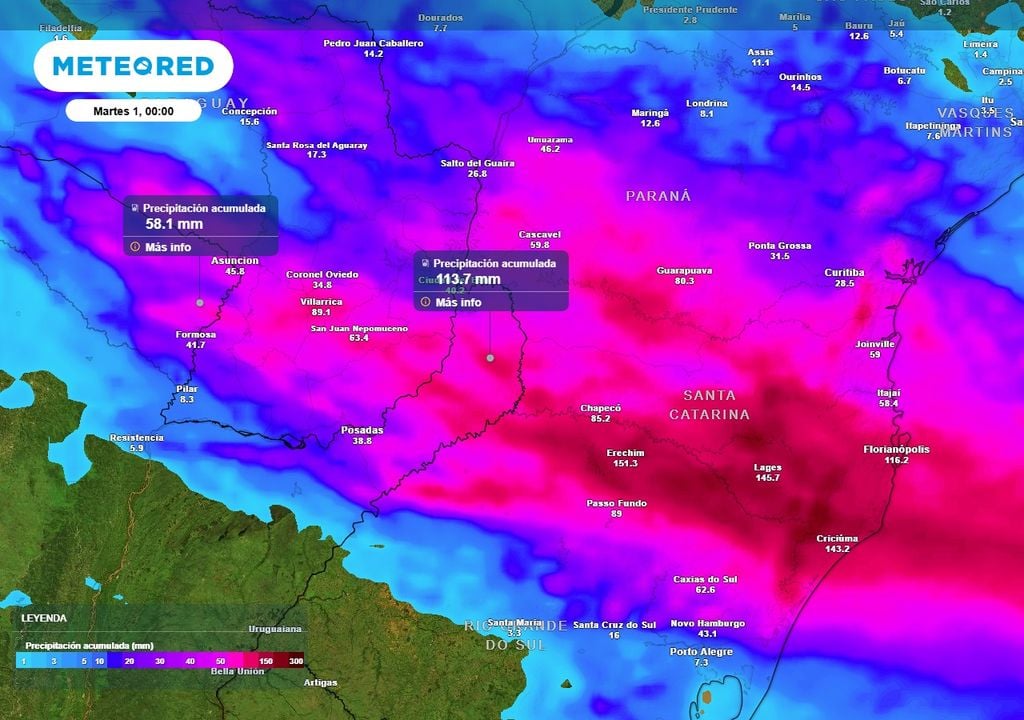 Precipitación acumulada Hasta la madrugada del martes, el nordeste del Litoral se verá afectado por tormentas que dejarán hasta más de 100 mm de precpitación acumulada en menos de 72 h.