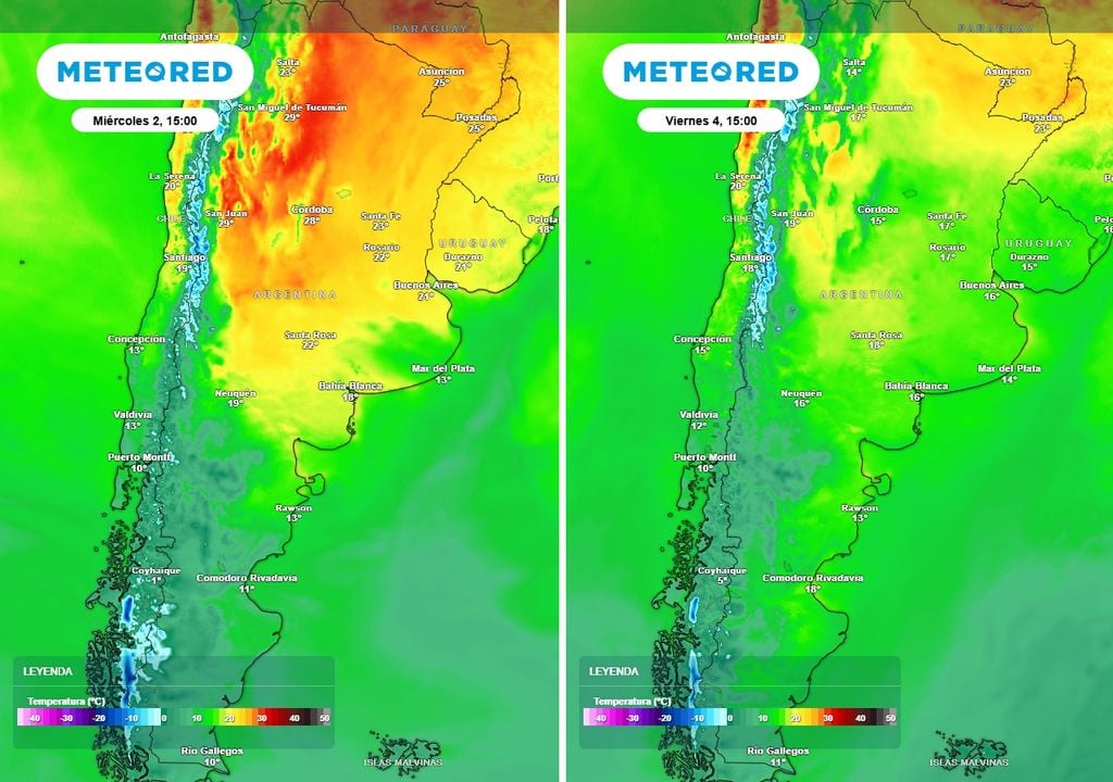 Diferencias de temperaturas El mapa de la izquierda muestra las temperaturas del miércoles 2 a las 15:00, y el de la derecha las del viernes a la misma hora. Sobre Córdoba, la temperatura máxima será 13 °C más fría.