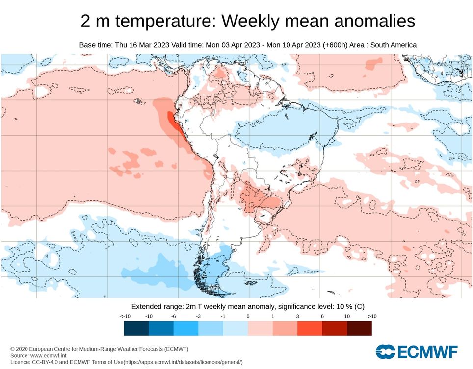 Modelo del ECMWF, pronóstico anomalía de temperatura, Semana Santa 2023