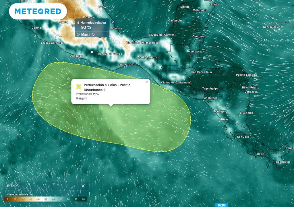 Perturbación tropical frente a costas del Pacífico mexicano del 20 % en los próximos 7 días, se mantiene en vigilancia por su aporte de humedad a México.
