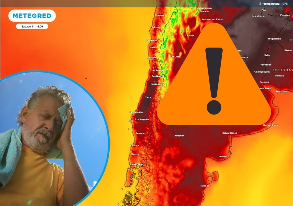 mapa de temperaturas previstas, símbolo de alerta naranja y persona secándose el sudor