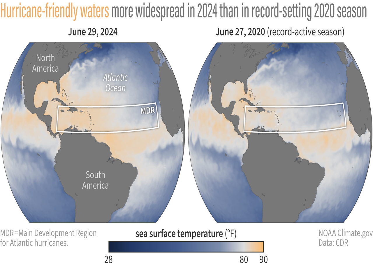 En 2024, las áreas propensas a huracanes son más grandes que en 2020, un año récord. @NOAA