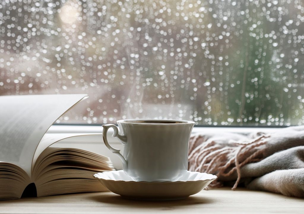 Taza de té caliente, libro y lluvia