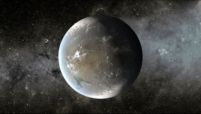 Figura 1.- Representación artística de Kepler-62f, un planeta situado en la zona de habitabilidad de una estrella más pequeña y más fría que el sol, localizad a unos 1.200 años-luz de la Tierra. Cortesía de NASA Ames/JPL-Caltech