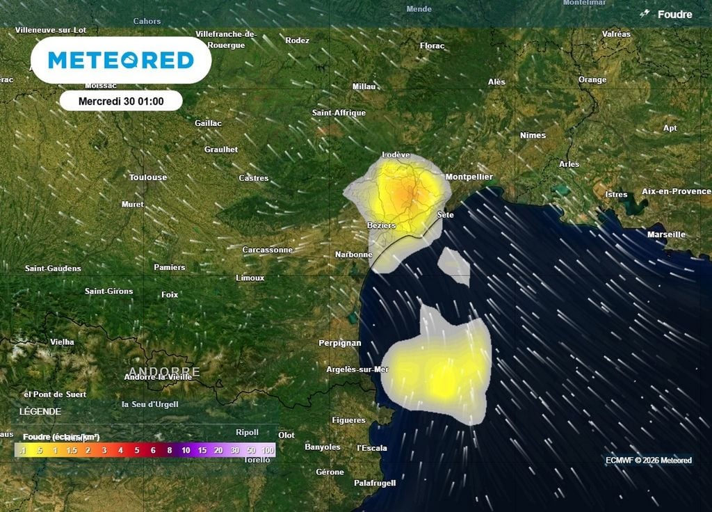 Risque d'orages Le risque d'orages très pluvieux s'accentuera la nuit prochaine entre le golfe du Lion et les Cévennes
