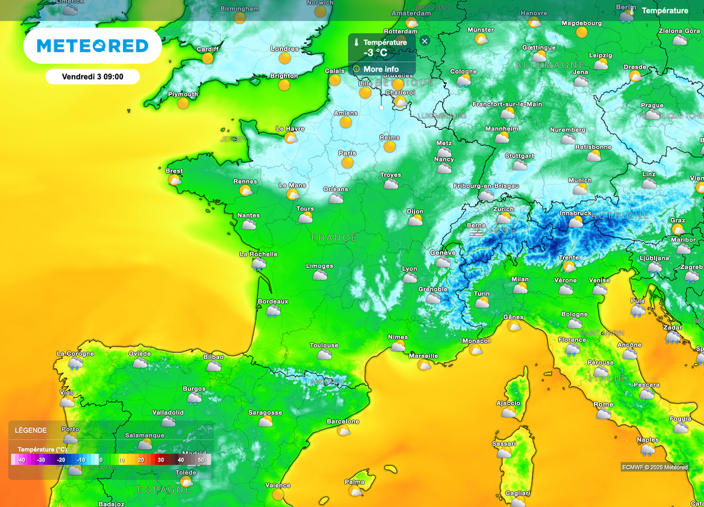 Nombreuses gelées à prévoir d'ici vendredi matin sur la moitié nord. Parfois jusqu'à -3°C voire -4°C en plaine dans les Hauts-de-France par exemple.