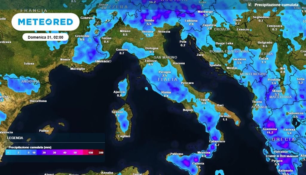 Precipitazioni accumulate entro la fine della settimana sull'Italia. Dalla mappa è facile dedurre che diverse zone del nostro Paese verranno interessate da precipitazioni che, localmente, potranno risultare anche consistenti e nella forma di rovesci o temporali, soprattutto da mercoledì sera-notte al Nord, poi soprattutto nel pomeriggio di giovedì al Centro-Sud.