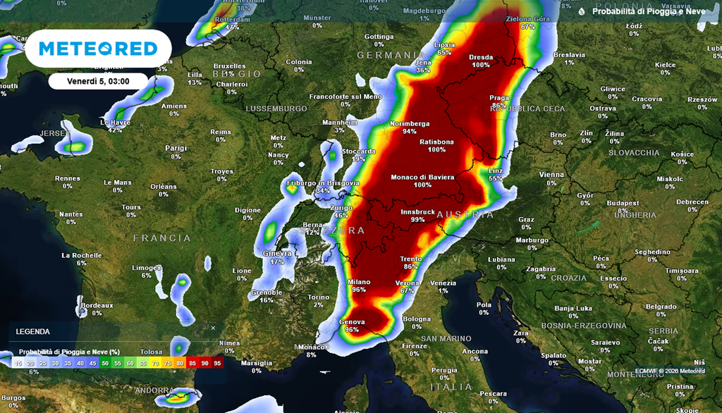 Questa notte avremo alta probabilità di piogge al Nord, con un fronte che si sposterà da ovest (Piemonte e Lombardia) verso est.