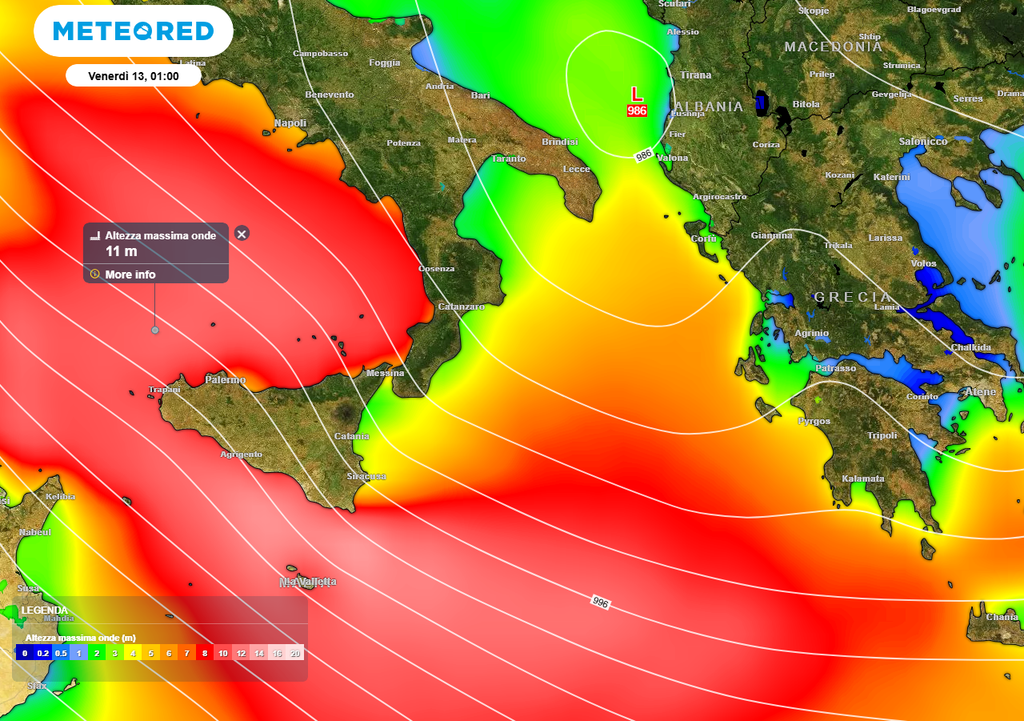 L'area dove si registreranno le onde più alte sarà quella fra Sardegna e Sicilia, dove l'interferenza costruttiva fra i due moti ondosi potrà generare onde anomale fino a piu di 10 metri.