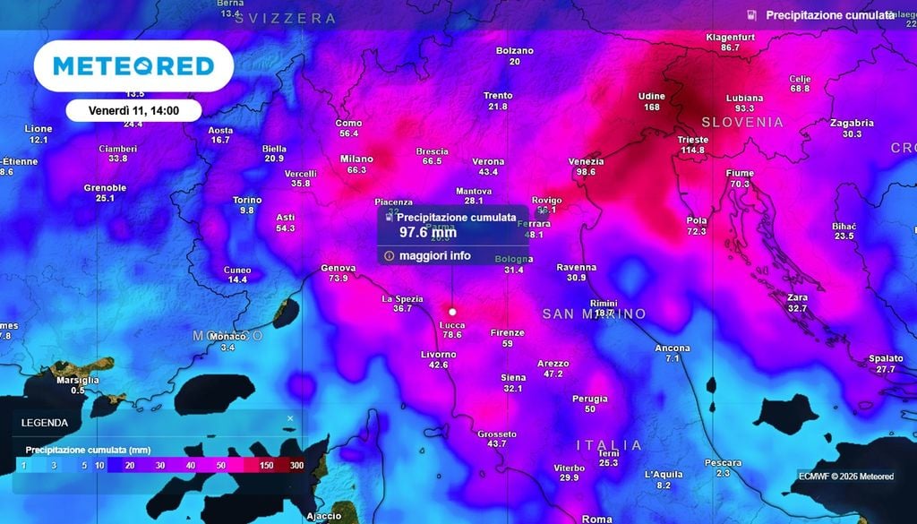 Accumuli pluviometrici molto importanti sull'Italia centrale da mercoledì sera e nel corso della giornata di giovedì 10. Attenzione in Toscana.