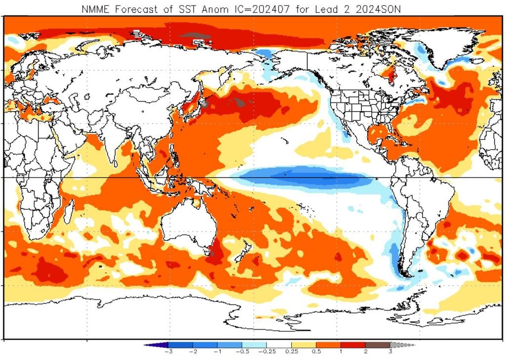 Anomalies de température de surface de la mer (SST) prévues par le modèle NMME pour le trimestre du printemps austral (septembre, octobre et novembre). Source : CPC/NOAA.