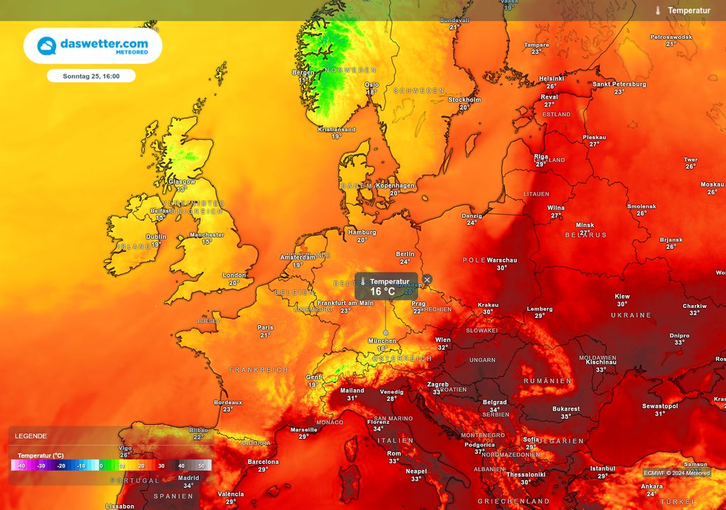 meteored-Wetterkarte mit der Temperaturverteilung am Sonntag, 25.08. um 16 Uhr über Europa und dem Atlantik. Bayern wird dabei von einer Kaltfront überquert. meteored-Wetterkarte mit der Temperaturverteilung am Sonntag, 25.08. um 16 Uhr über Europa und dem Atlantik. Bayern wird dabei von einer Kaltfront überquert.