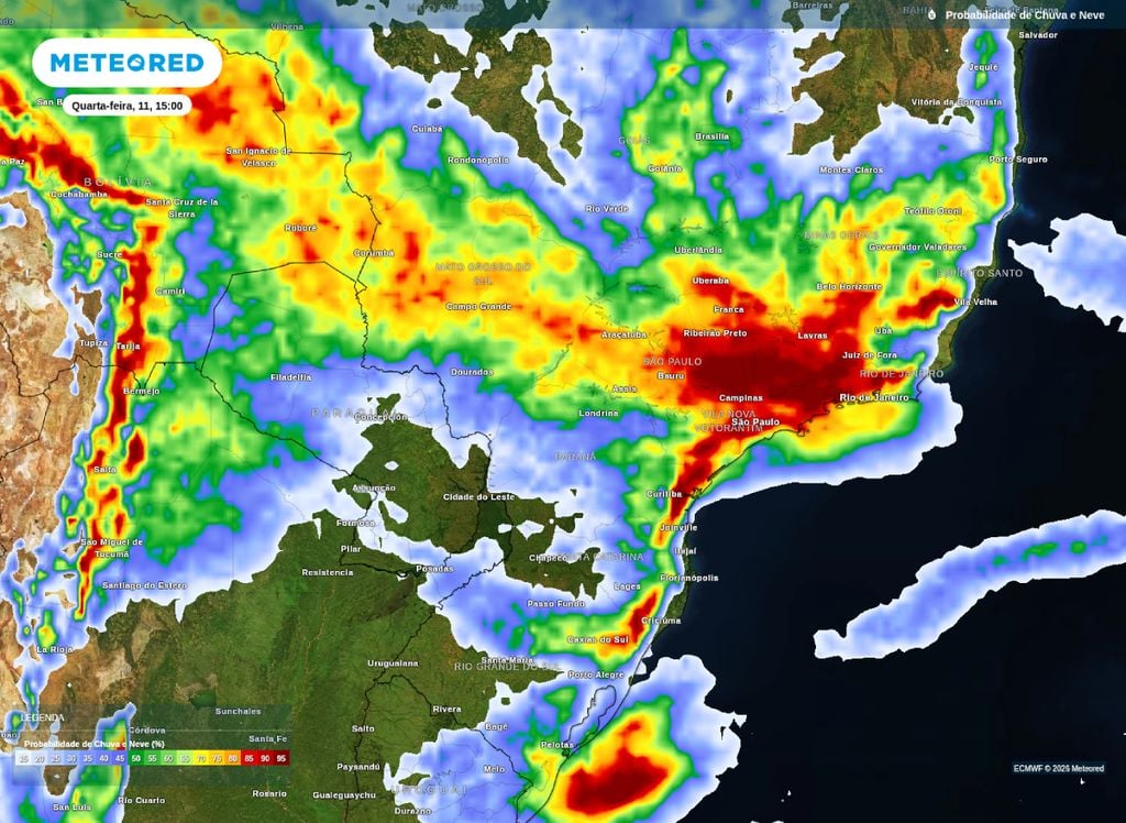 Previsão de probabilidade de chuva para o centro-sul do Brasil na tarde desta quarta-feira (11).
