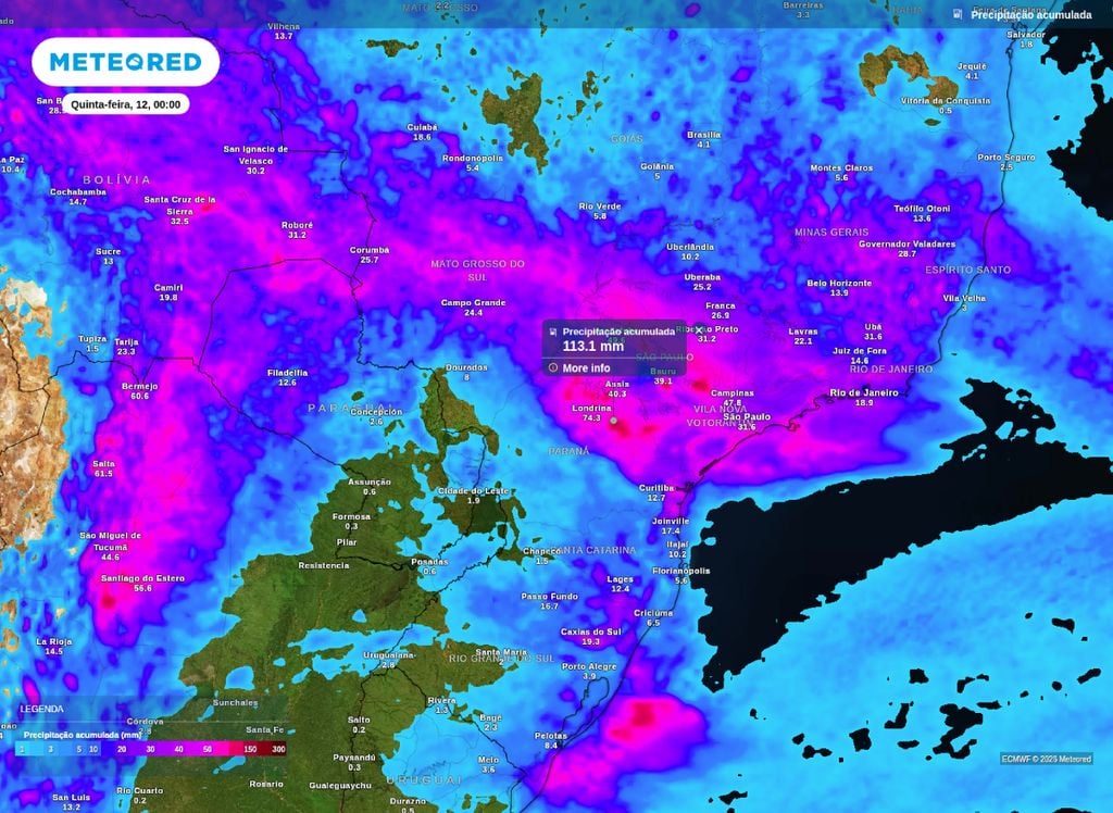 Previsão de acumulado de chuva para o centro-sul do Brasil até o final de quarta-feira (11).