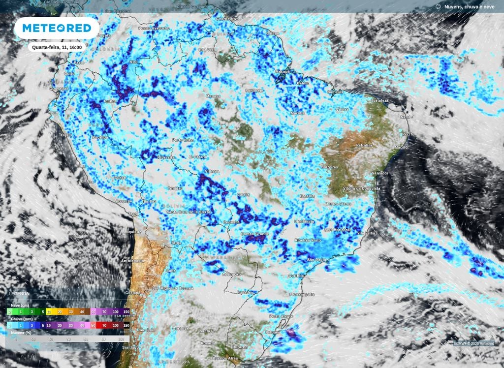 Previsão de chuva e nebulosidade para o Brasil na tarde de quarta-feira (11).