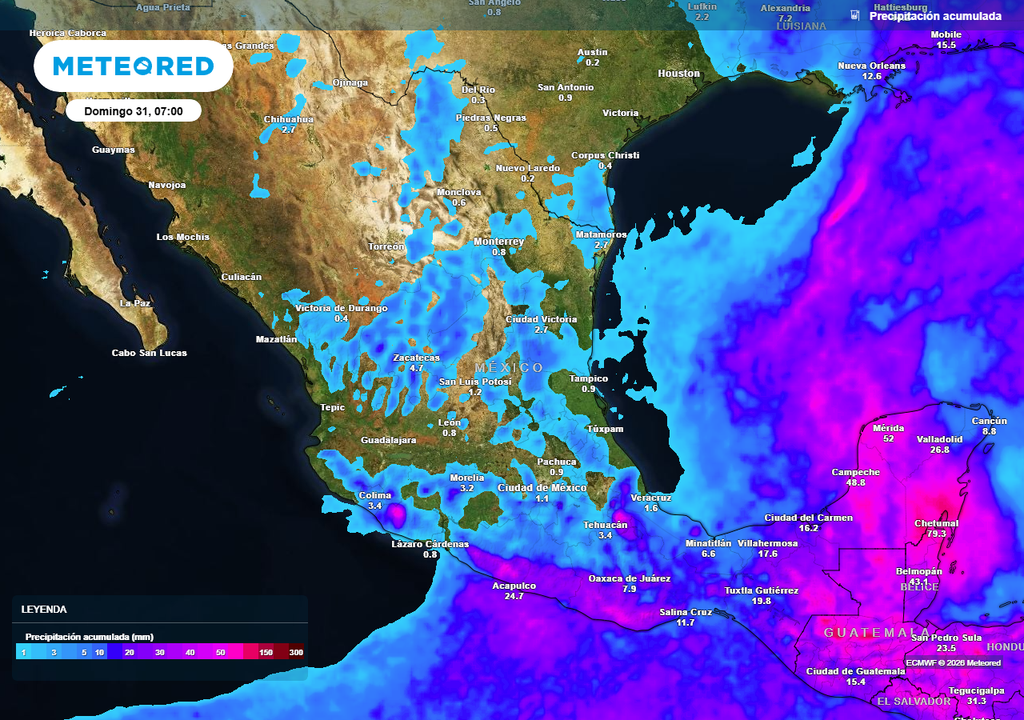 Pronóstico de lluvias acumuladas en milímetros El sureste mantendrá intensas tormentas este fin de semana superando 70 mm, reduciéndose en el resto del país para dominar periodos de Sol y calor.