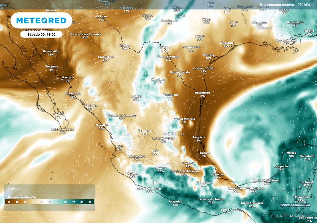 Pronóstico de humedad relativa en porcentaje El aire seco llegará a México empujado por una vaguada polar, situación que reducirá las lluvias de viernes a sábado aumentando periodos de Sol.