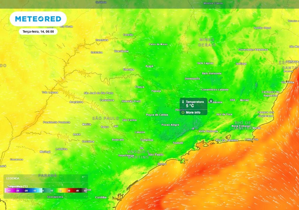 Previsão de temperaturas mínimas na terça-feira de manhã mostra que haverá temperaturas baixíssimas na Serra da Mantiqueira, com possibilidade de formação de geadas pontuais.