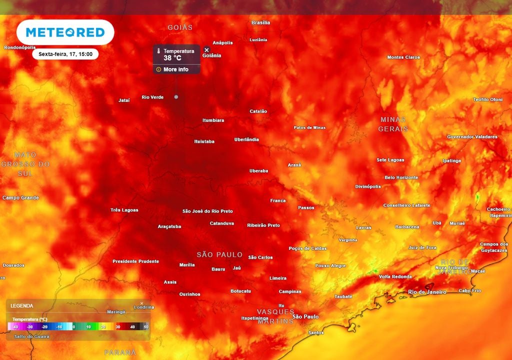 Previsão de temperaturas máximas na sexta-feira mostra que os termômetros podem chegar a até 38°C entre SP, MG, MS e GO, com um aumento gradual das temperaturas ao longo da semana.