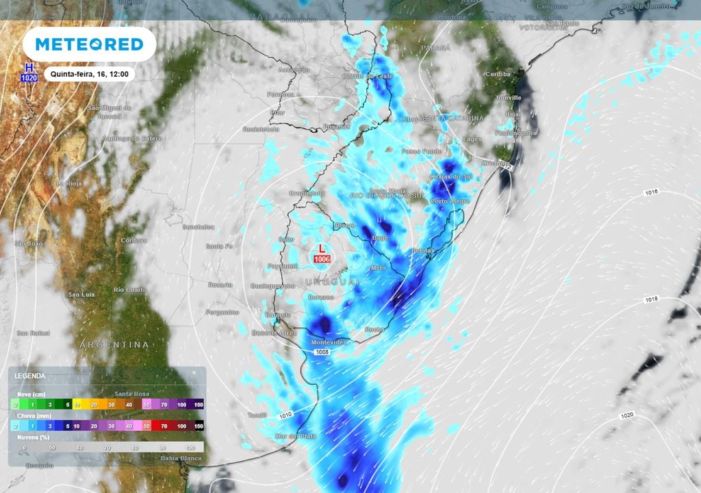 Previsão de pressão, nebulosidade, ventos e chuva na quinta-feira ao meio-dia mostra a formação de um ciclone, com sua frente fria causando chuvas sobre estados da região Sul (especialmente RS).