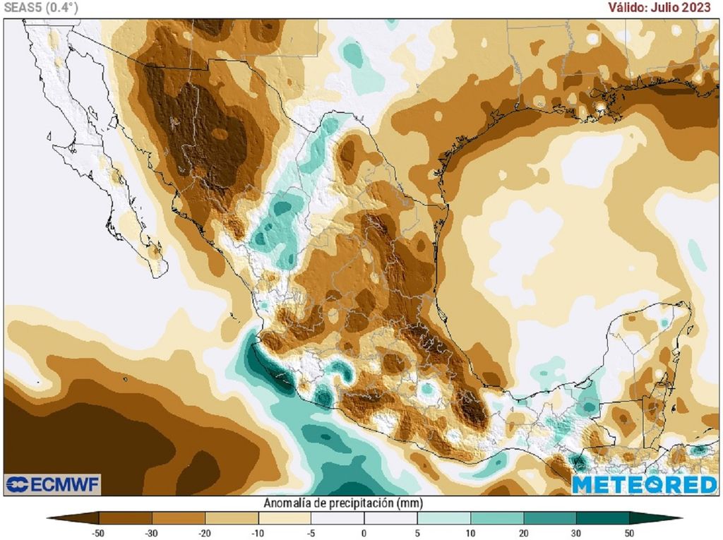 Modelo ECMWF - Anomalía de precipitaciones en julio