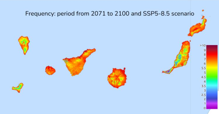 Una de las figuras del estudio en tres paneles, que muestra la evolución de las olas de calor hasta 2100. ULL