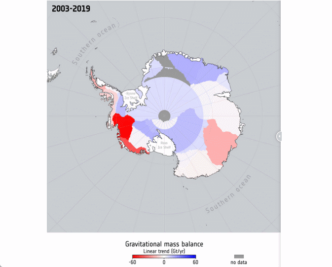 Secuencia de cómo se ha acelerado el aumento neto de masa en la Antártida desde 2020. Ver texto para detalles. Fuente: ESA