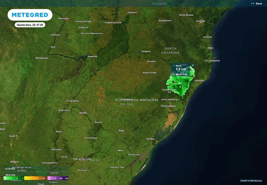 Previsão de neve nesta quinta-feira (29), de acordo com o modelo ECMWF. Previsão de neve nesta quinta-feira (29), de acordo com o modelo ECMWF.