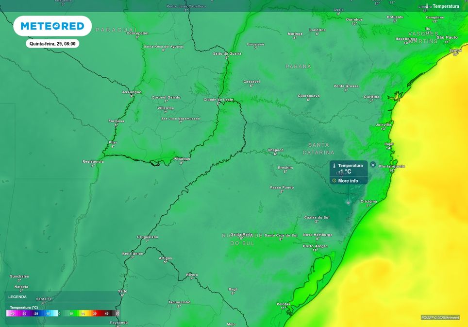 previsão de temperatura mínima quinta-feira (29) no sul do Brasil, de acordo com o ECMWF.