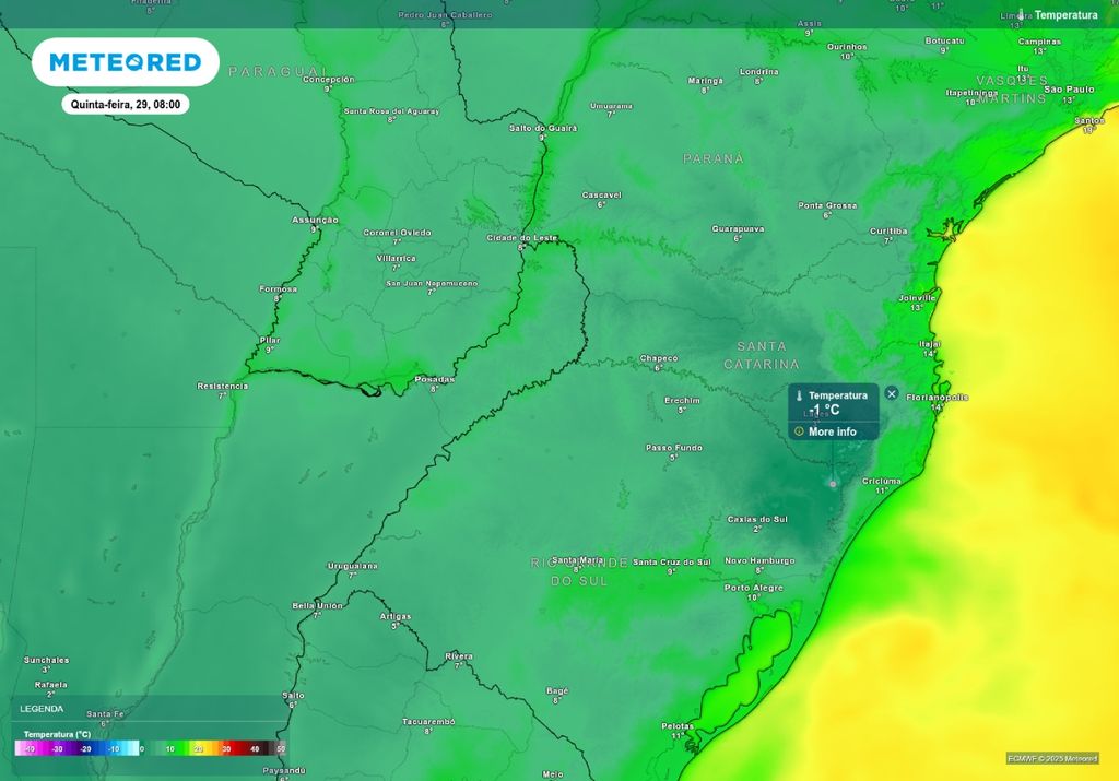 previsão de temperatura mínima quinta-feira (29) no sul do Brasil, de acordo com o ECMWF. previsão de temperatura mínima quinta-feira (29) no sul do Brasil, de acordo com o ECMWF.